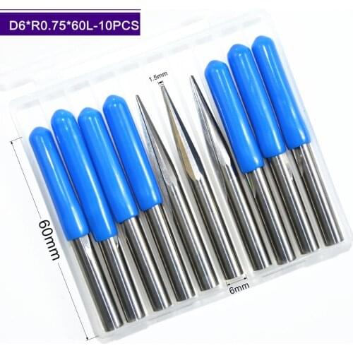 6mm*R0.75*60L,10pcs,Free shipping Taper Ball nose End Mill,CNC milling Cutter,Solid carbide tool,woodworking router bit