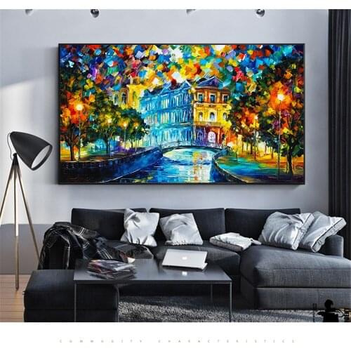 Abstract Wall Art Canvas Oil Painting Rainy Night Scene Landscape Posters and Prints Wall Pictures for Living Room Water Paint
