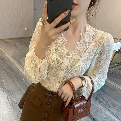 Blouse Women Shirt Lace Top Womens Clothing Puff Sleeve V-neck Shirt Clothes Hollow out Chiffon T Blusas Mujer De Moda