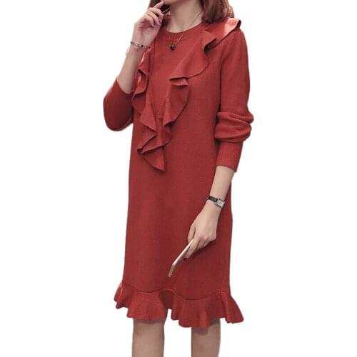 Plus size L-4XL womens knit dress 2019 spring autumn fashion long sleeve ruffle pullover sweaters female bottoming dresses G650