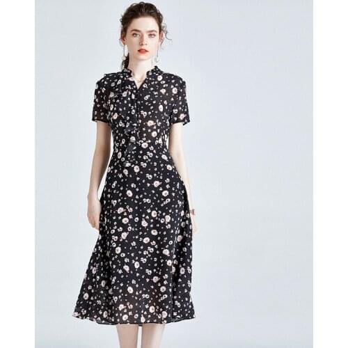 Black Print Little Daisy Floral Silk Crepe Dresses Women 2021 Summer Long Casual Sexy Office Work Daily Dress Plus Size Slim Fit