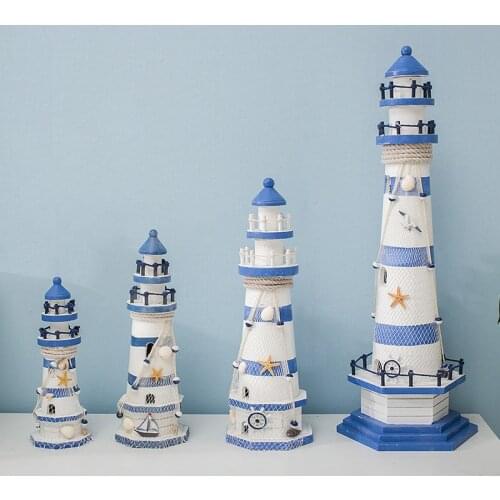 Mediterranean Style Handmade Wooden Blue white Ocean Lighthouse Watchtower Observation Tower Ornaments Home Room Decoration