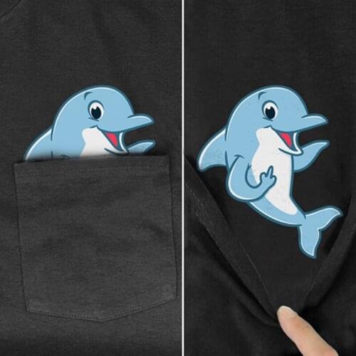 CLOOCL Cotton Pocket T-Shirt Summer Funny Dolphin Printed T-shirt Men for Women Shirts Tops Cotton Black Tees
