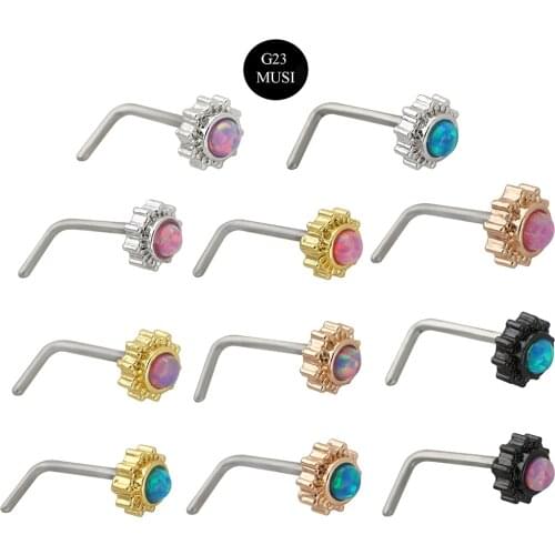 JHJT 11PCS/1PCS Fashion L Shaped Nose Stud Labret G23 Titanium Opal Flower Nose Ring Screw Piercing Jewelry 20G