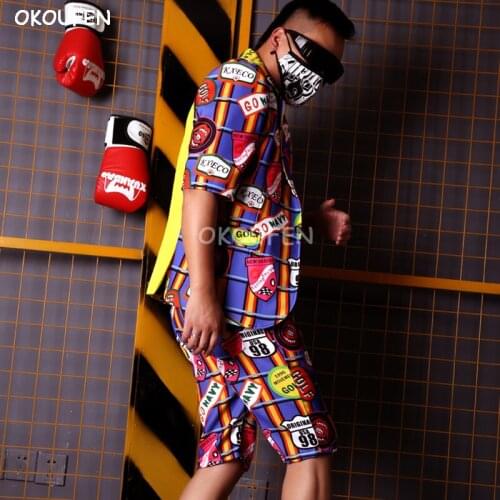 Nightclub Stage Dress Purple Graffiti Print Sleeve Suit Shorts Hairdresser Nightclub Bar Singer DJ stage Dance show Costume