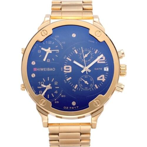 Cool Men Watches Chronograph Date Waterproof Sports Mens Watch Man 3 Time zones Gold Stainless Steel Military Relogio Masculino