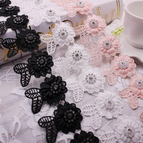 1Yards Flower Pearl Beaded Embroidered Lace Ribbon Trim Fringe Fabric DIY Embroidery Wedding Dress Curtain Dress Sewing Supplies