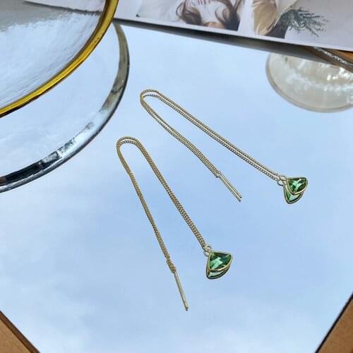 Minimalist Circle Green Color Crystal Long Dangle Earring for Women Trendy Metallic Tassel Party Earring Jewelry Pendientes