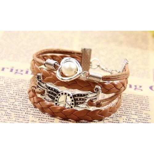 Hippie Fashion Heart Wing Peace Pearl Charm Leather Cuff Bracelet Multilayer Adjustable Bangle Wrap Retro Vintage Wristband Gift