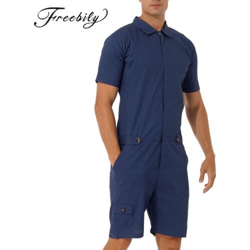 Mens Rompers Jumpsuits Cotton Button Down Short Sleeve One Piece Drawstring Shorts Coverall Tracksuits with Pockets