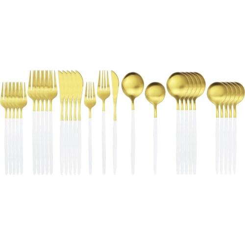 30Pcs White Gold Cutlery Set Stainless Steel Dinnerware Set Knives Fork Spoons Tableware Set Kitchen Multi-Colors Silverware Set