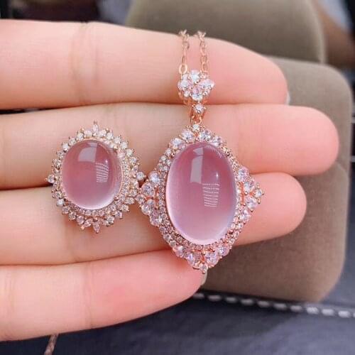 New Arrival Natural Real Rose Quartz Jewelry set Natural And Real Rose Quartz Set 925 sterling silver 1pc ring,1pc Pendant