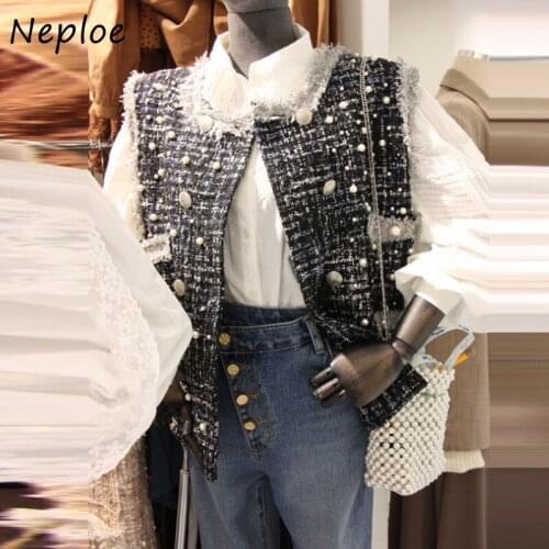 Neploe Autumn Winter 2021 New Fashion O-neck Tweed Plaid Woman Vests Outer Wear Pearl Vest Jacket Beading Decoration Waistcoat