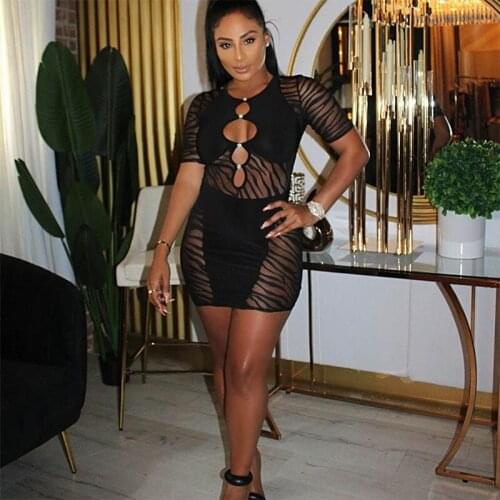 Cut Out Sexy Zebra Mesh Transparent Womens Mini Dress for Beach Holiday Club Party Prom Night Bodycon Pencil Shorts Dresses