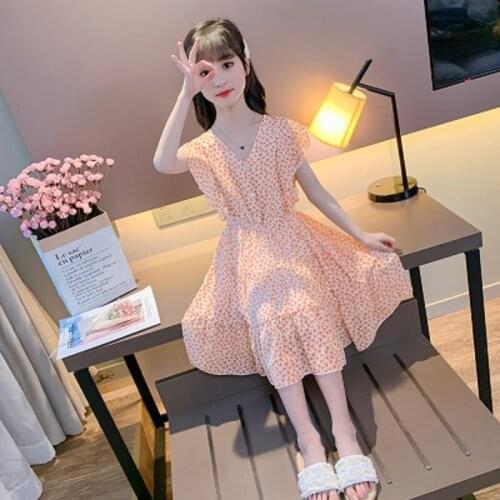 Chiffon Girls Dress 3 to 12 Years Bohemian Style V-neck Cool Sweet Floral Dresses Ruffles Soft Fashion Elegant Children Clothes