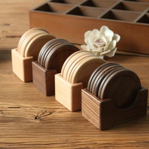 1PC Wooden Coaster Japanese Style Wooden Coaster Set Coasters Rack Black Walnut Beech Varnish Single Coaster Storage Box Kitchen