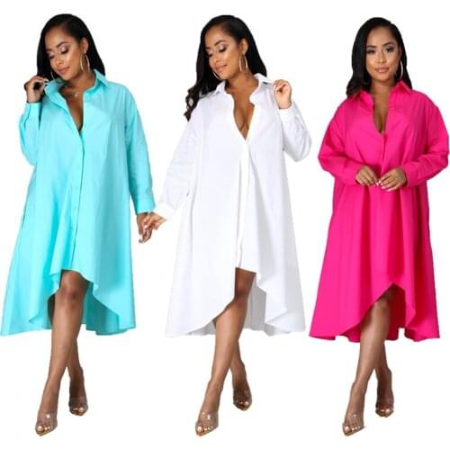Casual Womens Loose Irregular Shirt Dress Large Size Long Sleeve Turn Down Collar Midi White Dress RoseRed Blue Spring Summer