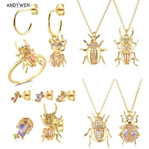 ANDYWEN 925 Sterling Silver House Of Beetles Sternenity Earring Clip Courage Beetle Amulet Ring Necklace Jewelry Set For Women