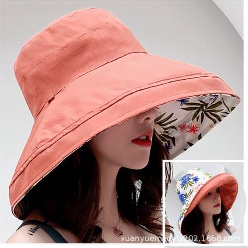 Reversable Summer Sun Hat Floral Print Women Beach Hat Flower Bucket Cap Wind String Large Brim Garden Lady