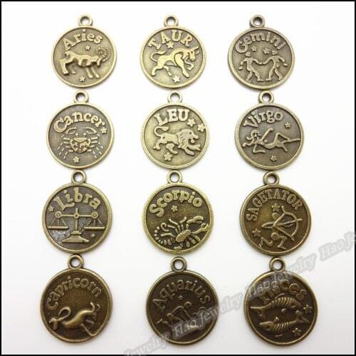 Mix 120pcs Vintage Charms 12 Constellation Pendant Antique bronze Fit Bracelets Necklace DIY Metal Jewelry Making