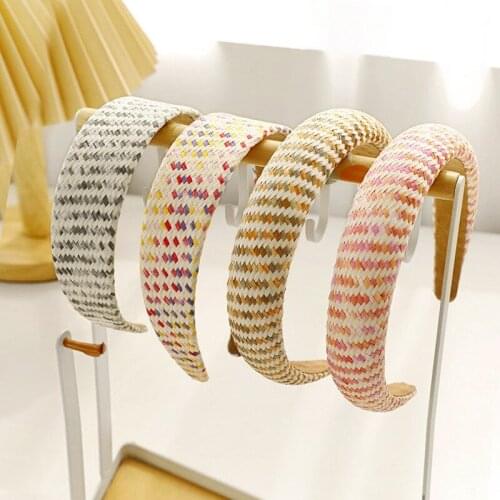 Straw Weave Wide Sponge Headband For Women Girl Hand Made Plaid Hair Band Accessories Fashion Korean Wholesale Sweet