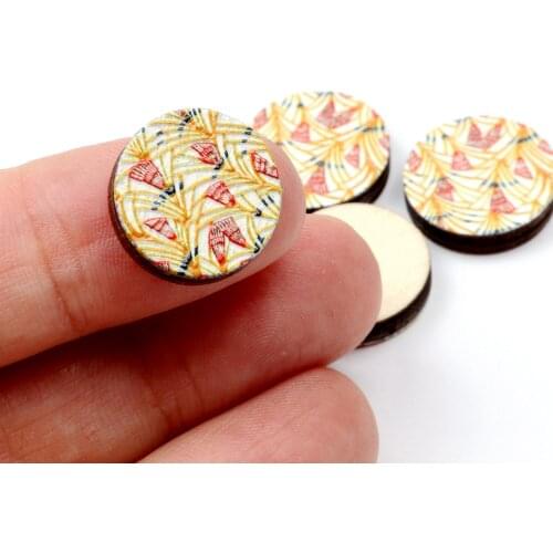 Unique 3D Flower Embossed 16mm Round Coloured Drawing pattern Laser Cut wood Cabochon DIY for Rings, Earring,Brooch,Necklace