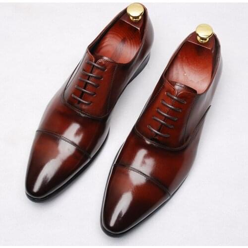 Wine Red Black Handmade Oxfords Lace Wedding Shoes Genuine leather Formal Business Shoes