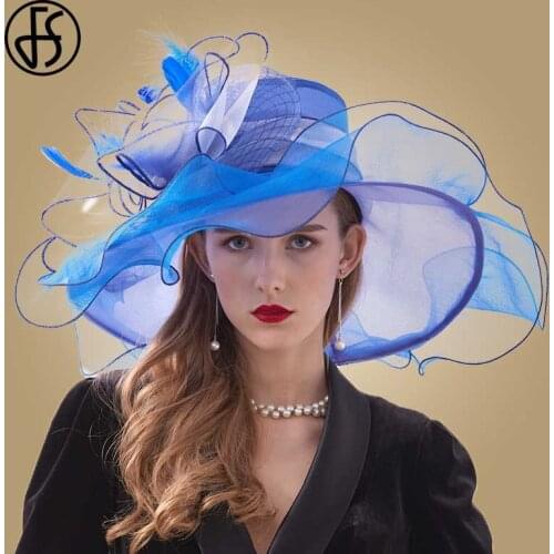 FS Womens Fashion Blue Big Hat Sun Beach Red Hats Organza Cap Women Summer Wide Brim Church Tea Party Derby Hat