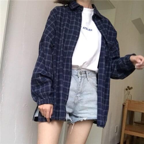 2021 New Woman Vent Vintage Plaid Shirt Single Breasted Turn down Collar Cotton Long Sleeve Button Feminina Sales