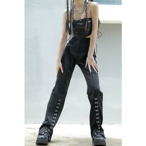 Summer 2021 Harajuku Slim Split Fork Black Drape Casual Pants Womens High Waist Slim Straight Trousers Jazz Dance Pants Trend