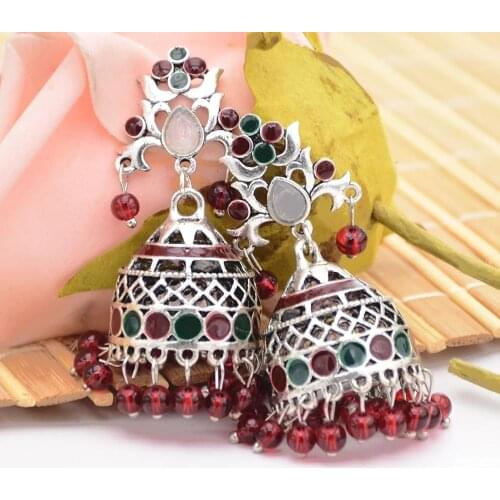 Antique India Jhumka Jhumki Flower Carved colorful Beads Tassel Earrings For Women Boho Ethnic Big Bell Drop Earring Jewelry Gif