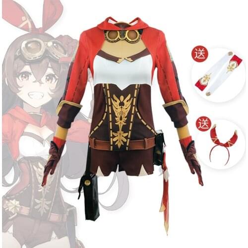 Game Genshin Impact Amber Cosplay Costume Amber Cosplay Costume Women Red Comtume Halloween Top Pant Uniform Full Set