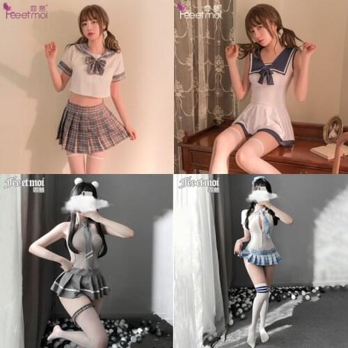 Women Schoolgirls Cosplay Costume Japanese School Girl Uniform Sexy Clubwear Shirt with Plaid Skirt Tie Anime Roleplay Dress Up