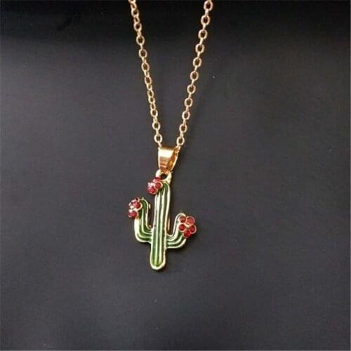 Fashion Enamel Gold Color Red Crystal Flower Chokers Necklaces For Women Cute Green Cactus Pendant Necklace Girl Collier Jewelry
