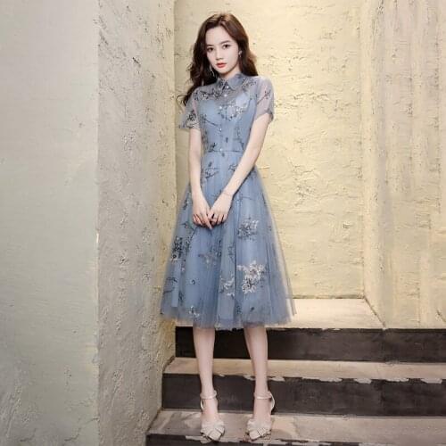 New Short Sleeves Evening Dress Appliques High Neck Elegant A-Line Zipper Back Pleat Tea-Length Woman Formal Party Gowns A1440