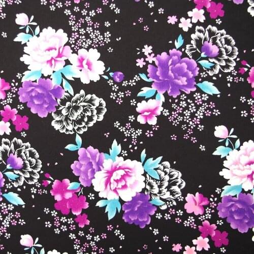 1 Yard Cotton Poplin Fabric for Sewing Patchwork, Dress, Cloth - Poney Flower on Black Background (width=140cm)