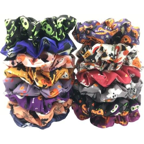 5Pcs 15 Designs Halloween Pumpkin Hair Scrunchies Bulk Spider Bat Printed Hair Tie Bracelet Elastic Band Girls Ponytail Holder