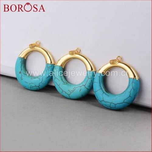 BOROSA Wholesale Jewelry Gold Color Round Circle Blue Natural Stones Pendant Bead Drusy Pendant Gems for Women G0799