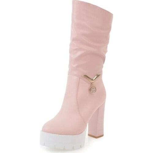 Promotion English Thick bottom Martin boots Coarse heel Round head winter College style High-heeled woman Middle barrel boots