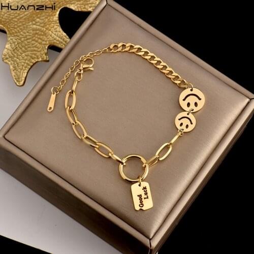 HUANZHI 2020 New Titanium Steel Golden Silver Color Good Luck Smile Face Chain Adjustable Bracelet for Women Girls Jewelry Gifts