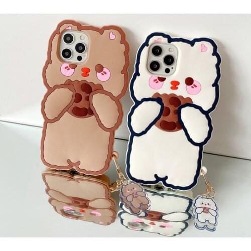3D Cute Cartoon Eating Cookies Bear Phone Case for iPhone 12 Mini 11 Pro XS Max SE 2020 Soft Silicone Back Cover with Pendant
