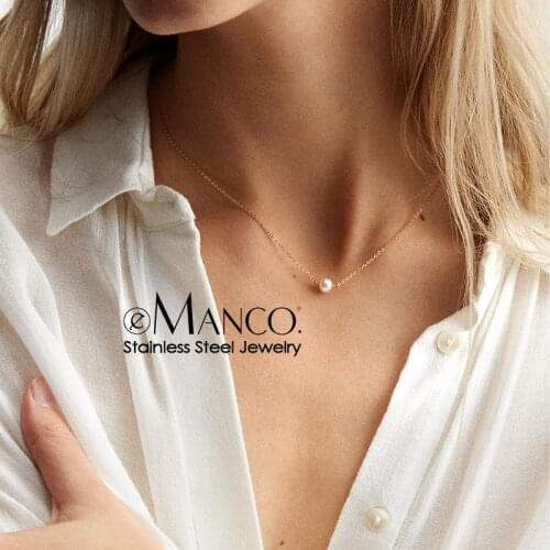 E-Manco Classic Stainless Steel Necklace Simple Imitation Pearl Pendant Choker Necklace for women Chain Necklaces