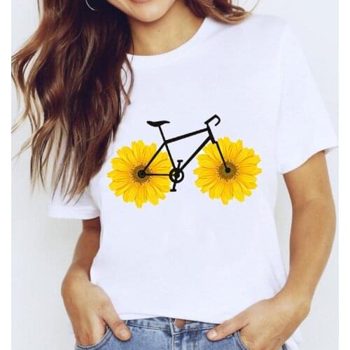 T-shirts Top for Women 90s Sunflower Bike Cute Short Sleeve Floral Clothing Print Lady Graphic T Shirt Ladies Female Tee T-Shirt