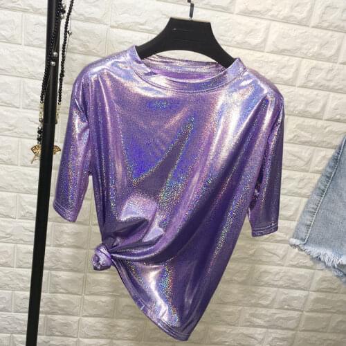 Girl New Summer Retro Stylish Bright Silk Woman Tops Shiny Loose Short Sleeve T-shirt Sexy Club Aesthetic Harajuku Women T-shirt