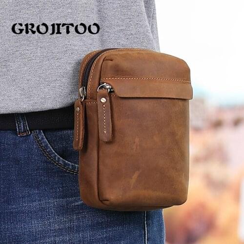 GROJITOO New leather mens running bag first layer cowhide multi-functional mobile phone bag wearable belt casual zipper bag