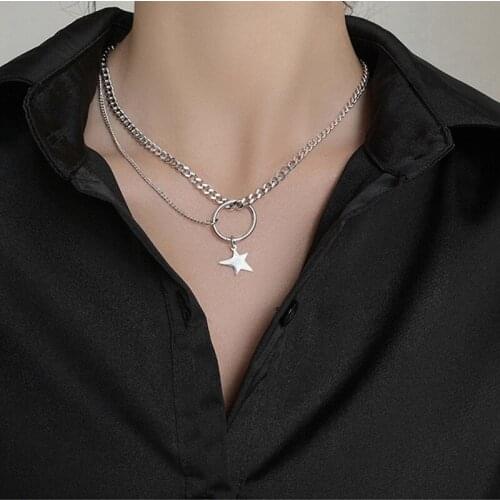 Classic Double Layer Silver Color Circle Star Pendant Necklace Fashion Hip Hop Jewelry Unusual Woman Clavicle Chain