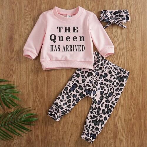 Spring Autumn Baby Girls Clothes Set Long Sleeve O-neck Letter Print Tops + Leopard Print Long Pants + Bow Headband 3PCS Set