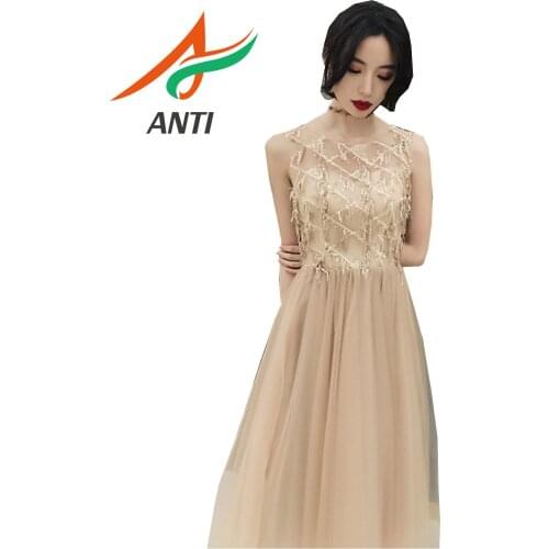 ANTI Champagne Summer Sleeveless Prom Dress Bling Fashion Sequin Playful Sweet Short Slim Dance Party A-line Tulle Princess Gown