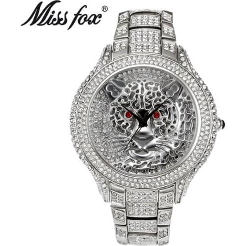 Miss Fox Women Watches Top Brand Luxury Leopard Ladies Watch Women Shiny Diamond Silver Watches Stainless Steel Womens Clock