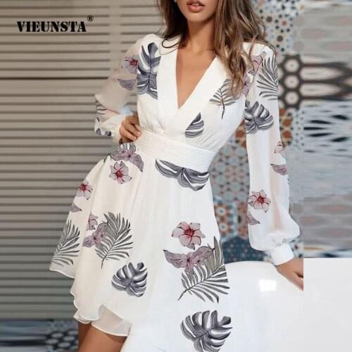 VIEUNST 2021 Fashion Autumn Women Sexy Flower Printed V Neck Long Sleeve Dress Eelgant Slim Office Ladies Party Dresses Vestidos